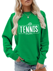 Detailed front view of a bright green tennis mom sweatshirt with ribbed cuffs and white print