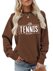 Detail of dark brown sweatshirt featuring white Tennis Mom text and racket graphics