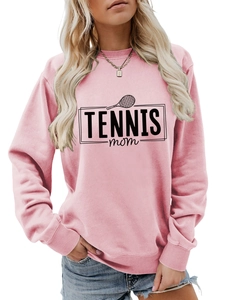 Close-up of pink Tennis Mom sweatshirt with crew neck and ribbed cuffs for women