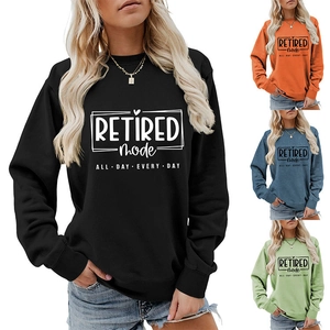 Detail view of multicolored retired mode slogan sweatshirts in four various colors