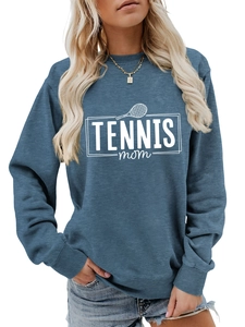 Detail of Tennis Mom graphic print and ribbed neckline on fog blue sweatshirt