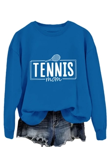 Detail of royal blue Tennis Mom sweatshirt with white graphic print and crew neckline