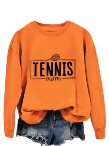 Detail of orange Tennis Mom sweatshirt with tennis racket print and crew neck design