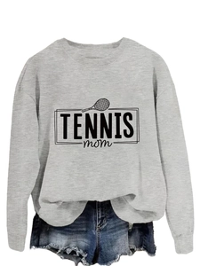 Detail of grey crewneck sweatshirt with black TENNIS mom print and tennis racket graphic