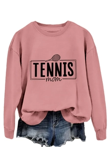 Detail of pink Tennis Mom sweatshirt with tennis racket print and crew neck design