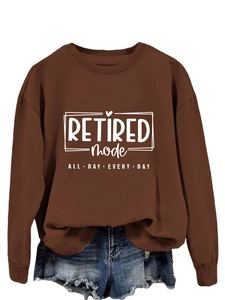 Detail of retired mode all day text print on brown long sleeve cotton sweatshirt