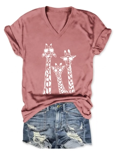 Detail view of brick red V-neck T-shirt with cute three giraffes graphic and cuffed sleeves