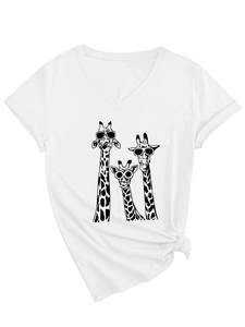 Close-up of white V-neck cotton T-shirt featuring three giraffes with sunglasses and a knotted hem