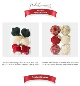 Detail of Christmas flocking balls in green, cream, and red with gold glitter textures
