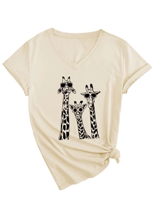Detail of V-neck cotton T-shirt with giraffe print and stylish front knot hem design