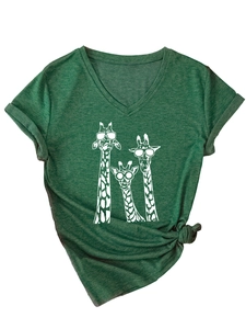 Detail of V-neck dark green T-shirt with three giraffes print and knotted hem design