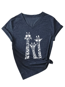 Detail of V-neck grey t-shirt featuring three giraffes with sunglasses and a knotted hem