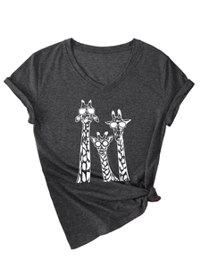 Detail of three giraffe print on dark grey V-neck T-shirt with soft cotton texture