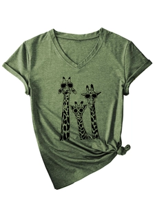 Detail of army green V-neck T-shirt featuring three giraffes print and a stylish side knot