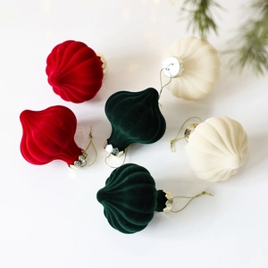 6-pack flocking onion Christmas ornaments in red, green, and cream with golden strings