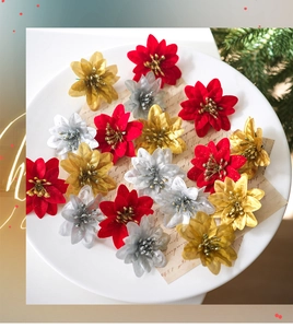 Macro detail of 6cm glitter Christmas poinsettia flowers in red, gold and silver colors