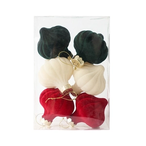 6-pack velvet onion-shaped Christmas balls in red, cream, and green with gold caps