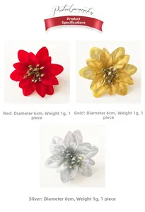 Detail view of 6cm artificial poinsettia flowers in red, gold, and silver for Xmas decor