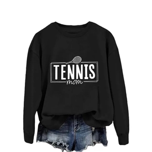 Tennis Mom long sleeve sweatshirt in black with denim shorts set on white background