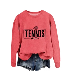 Women's red long-sleeve tennis mom sweatshirt with denim shorts on a plain background