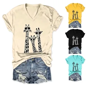Women V Neck T-Shirt Cotton Blend Short Sleeve Funny Giraffe Print Sunglasses Graphic Casual Loose Summer Top