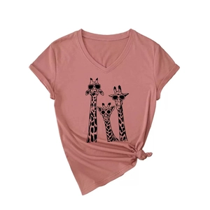 Women's V-neck short sleeve T-shirt in dusty pink with three giraffes wearing sunglasses