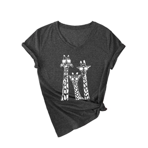 Women's dark gray V-neck T-shirt with three giraffes wearing sunglasses print