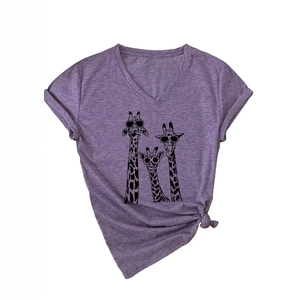 Purple V-neck T-shirt for women featuring a graphic print of three giraffes with sunglasses