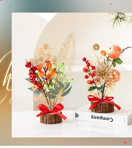Macro detail of Chinese New Year red berry tree with golden coins on wooden base