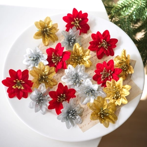 Glitter Flocked Artificial Poinsettia Flower Heads For Festive Holiday Decor Christmas Tree Wreath DIY Ornament