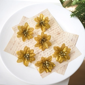 Set of six 6cm gold artificial flowers with mesh texture for Christmas tree decor