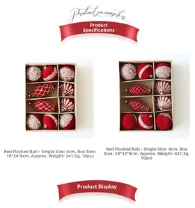 Detail of red flocked Christmas ball ornaments in storage box showing sizes 6cm and 8cm