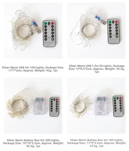 Detail of copper wire LED string lights with USB or battery power and remote controls