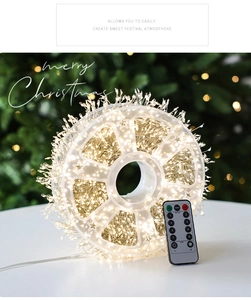 Close-up of LED cluster lights on a clear reel with remote control for holiday decor