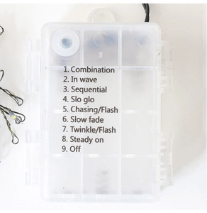 Detailed top view of a transparent LED light string controller with 9 lighting modes