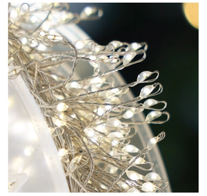 Macro shot of silver wire LED firecracker lights with warm white waterproof tiny beads