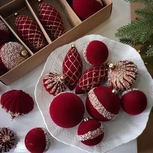 Luxurious dark red flocked Christmas ball set with gold patterns and white pearl accents