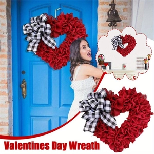 Red burlap heart wreath with buffalo plaid bow for Valentine's Day and wedding door decor