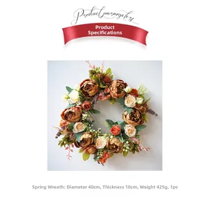Detail view of a 40cm spring peony wreath with cream flowers and dimensions info