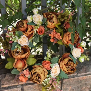 Artificial peony wreath with fall maple leaves for home front door and wall decor