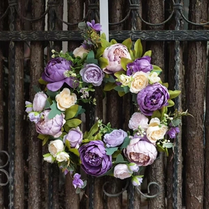 European Vintage Purple Peony Artificial Flower Wreath For Front Door Wall Wedding Decor Silk Peony Rose Garland Decor