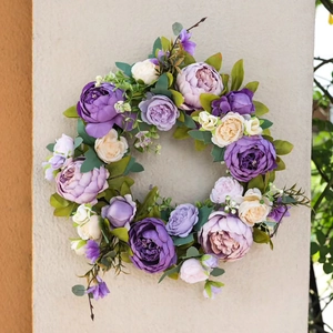European vintage peony wreath with purple and cream silk flowers for home door decoration