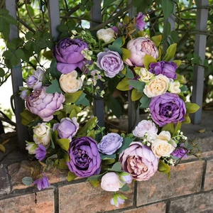 European vintage peony wreath with purple and pink faux flowers for front door decor