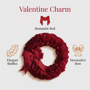 Detail of red ruffled Valentine wreath featuring a large matching elegant ribbon bow