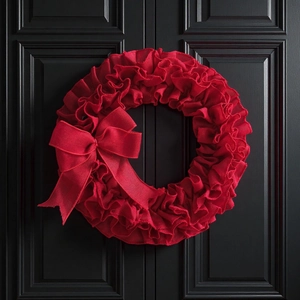 Red burlap wreath with a matching bow on a black door for holiday wall decoration