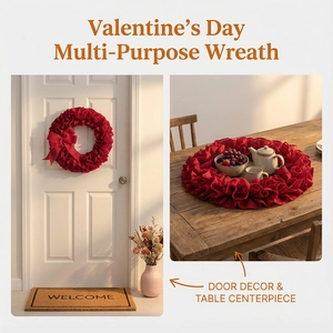 Red burlap Valentine's Day wreath shown as door hanging and table centerpiece