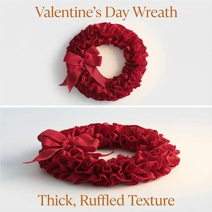 Detailed view of ruffled red Valentine wreath with thick texture and decorative bow