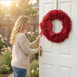Deep red burlap wreath with large bow hanging on a white wooden door in a garden setting