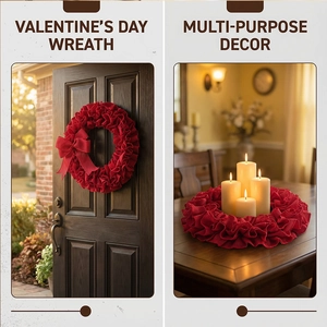 Red burlap Valentine's Day wreath used as door hanging and candle table centerpiece
