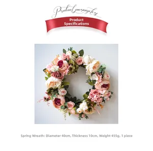 Pink peony artificial wreath dimensions showing 40cm diameter and 10cm thickness